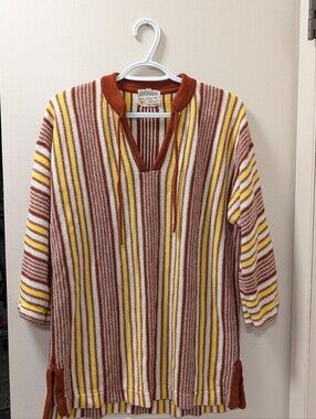Vintage 70s Lady Bee Banff Knit Tunic Sweater Top Striped Boho Drop Shoulder